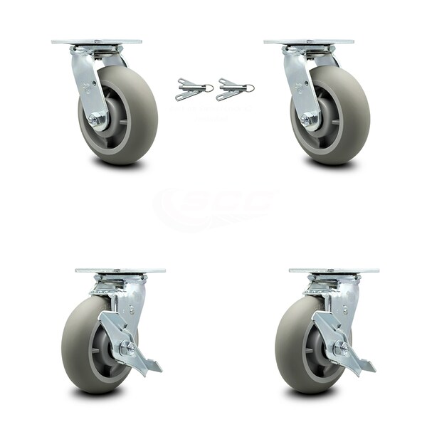 6 Inch Thermoplastic Rubber Caster Set with Ball Bearings 2 Swivel Lock 2 Brake